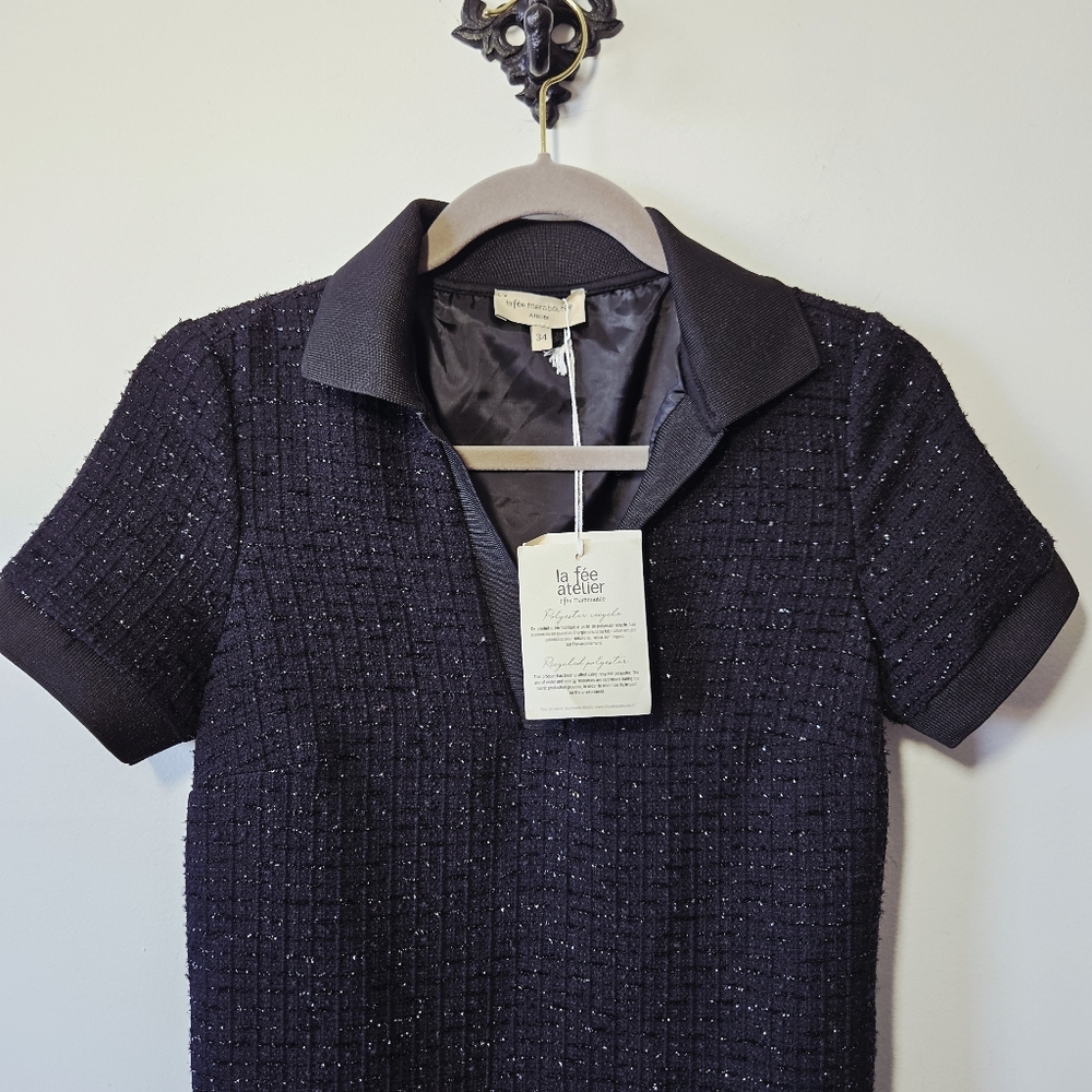 NWT La Fée Maraboutée Tweed Mini Dress Size 34 US S Black Short Sleeve Polo Neck - Picture 3 of 4